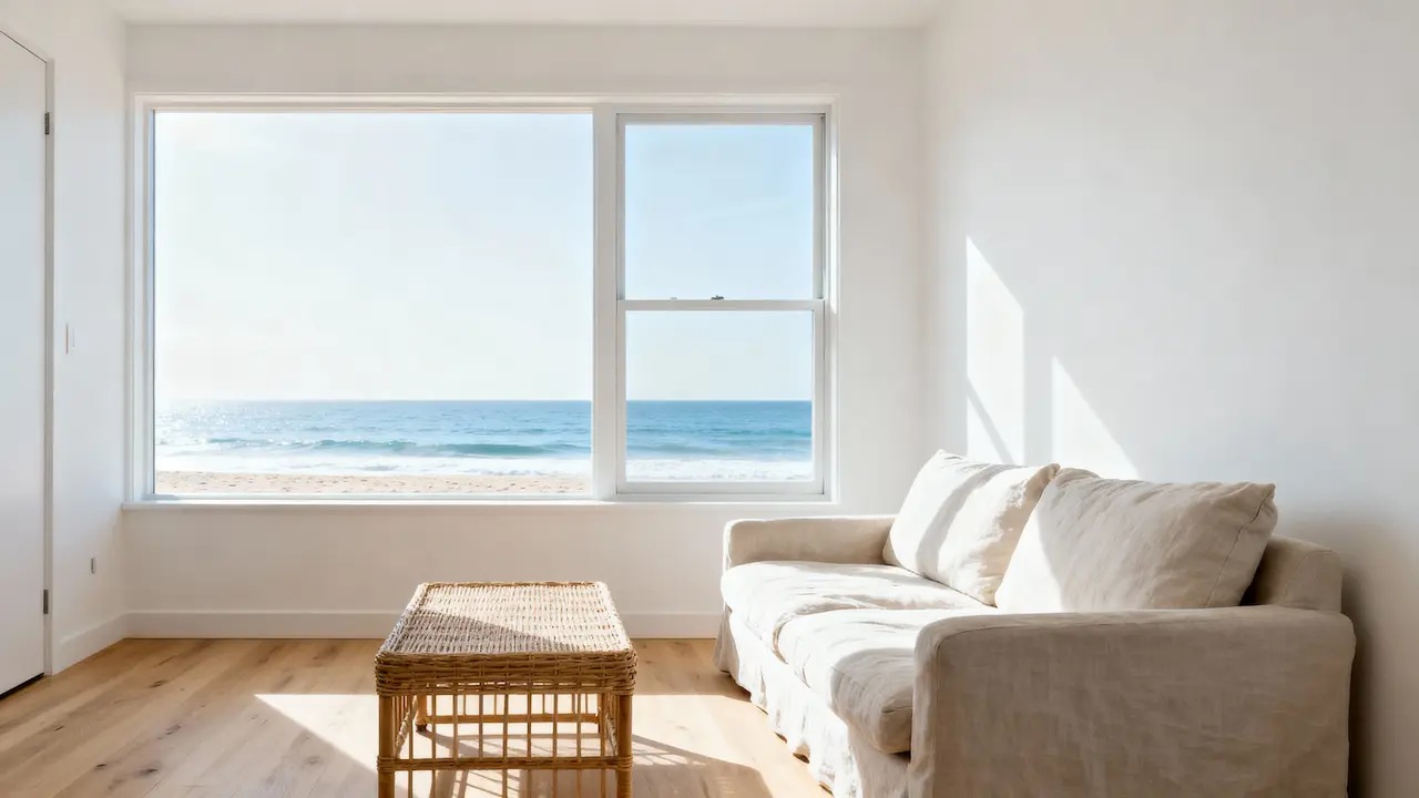 Pristine room with a sofa and ocean view in Poole corporate let property